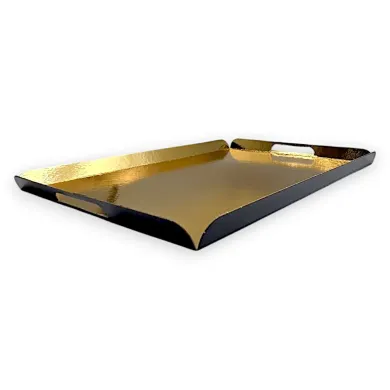 Tăvițe aurii-negru 24x38 cm cu mâner, 25 buc/set. Suport elegant și practic pentru prăjituri, torturi și monoportii la eveniment
