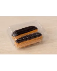 Caserole PET 2 Eclere (100 buc/set) sunt ambalaje profesionale, realizate din plastic PET transparent, ideale pentru prezentarea