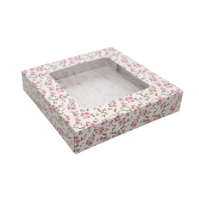 Cutii prăjituri cu fereastră „Flowers”, carton alimentar rezistent, decorate floral. Ideal pentru prăjituri, torturi feliate și