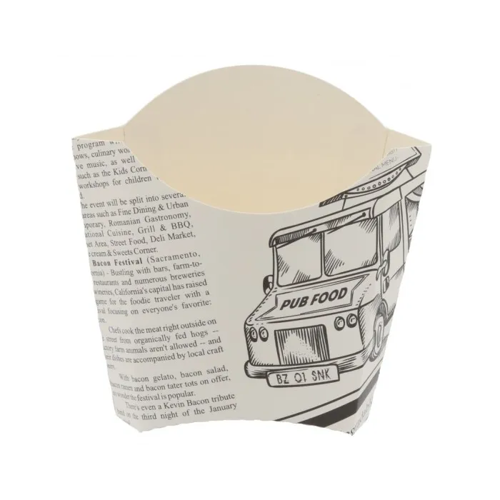 Servirea cartofilor prăjiți devine originală și atractivă cu cutiile din carton tip ziar, perfecte pentru street food, fast-food