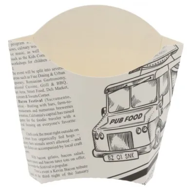 Servirea cartofilor prăjiți devine originală și atractivă cu cutiile din carton tip ziar, perfecte pentru street food, fast-food