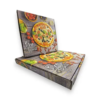 Cutii pizza color Bon Appetit din carton alimentar, 100 buc/set. Design atractiv, rezistente la grăsimi. Ideale pentru pizzerii