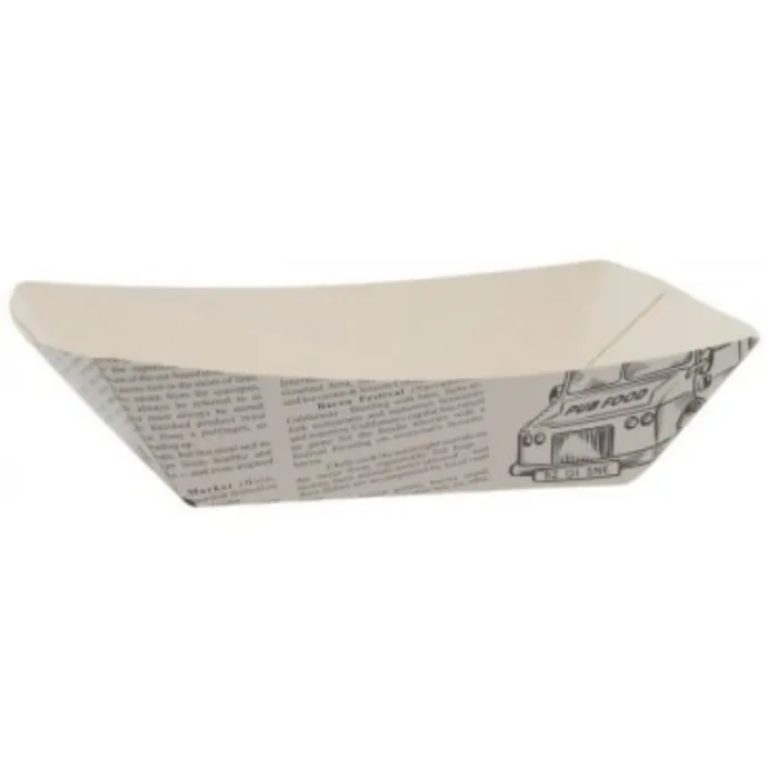 Oferă preparatelor tale un aspect vintage și atrăgător cu bărcuțele din carton model ziar, perfecte pentru catering, street food