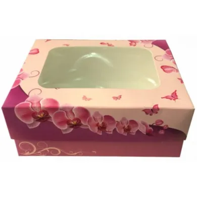 Cutiile cu fereastră model Orhidee sunt perfecte pentru prăjituri și deserturi. Design elegant, carton alimentar, 50 buc/set.