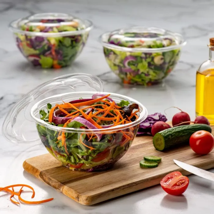Boluri salată rotunde cu capac – PET transparent sau negru (100 buc/set)