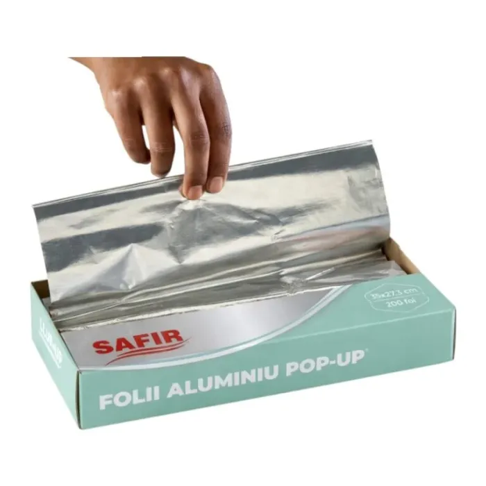 Folie aluminiu POP-UP 35×27,3 cm, foi pre-tăiate, igienice și ușor de utilizat. Ideală pentru gătit, ambalare alimente și utiliz