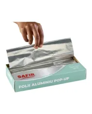 Folie aluminiu POP-UP 35×27,3 cm, foi pre-tăiate, igienice și ușor de utilizat. Ideală pentru gătit, ambalare alimente și utiliz