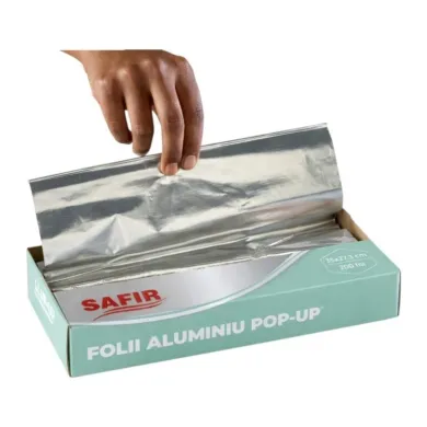 Folie aluminiu POP-UP 35×27,3 cm, foi pre-tăiate, igienice și ușor de utilizat. Ideală pentru gătit, ambalare alimente și utiliz