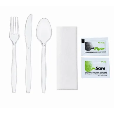 Tris Lux set tacâmuri premium format din cuțit, lingură, furculiță și recipiente pentru sare și piper, ideal pentru utilizare zi