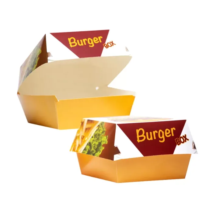 Cutii Burger Carton Imprimat ENJOY 12x12x8 cm, Set 100 Bucati, Cutii Take-Away Rezistente la Grasime, Biodegradabile