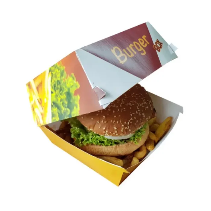 Cutii Burger Carton Imprimat ENJOY 12x12x8 cm, Set 100 Bucati, Cutii Take-Away Rezistente la Grasime, Biodegradabile