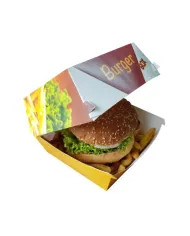 Cutii Burger Carton Imprimat ENJOY 12x12x8 cm, Set 100 Bucati, Cutii Take-Away Rezistente la Grasime, Biodegradabile