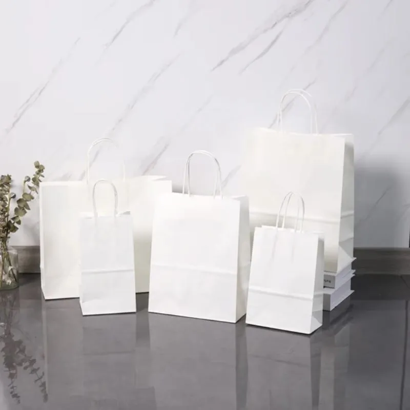 Set 50 pungi din hârtie albă cu mâner sfoară, dimensiune 26x17x28 cm – Rezistente și Eco-Friendly