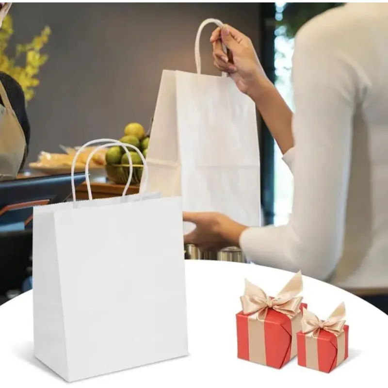 Set 50 pungi din hârtie albă cu mâner sfoară, dimensiune 26x17x28 cm – Rezistente și Eco-Friendly