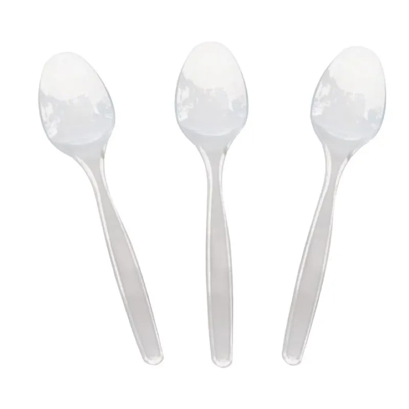 Alege setul de 100 lingurițe din plastic transparent, perfecte pentru evenimente, deserturi și catering. Rezistente, elegante și
