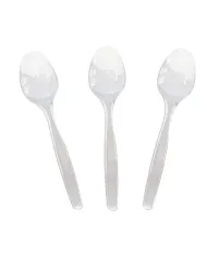 Alege setul de 100 lingurițe din plastic transparent, perfecte pentru evenimente, deserturi și catering. Rezistente, elegante și
