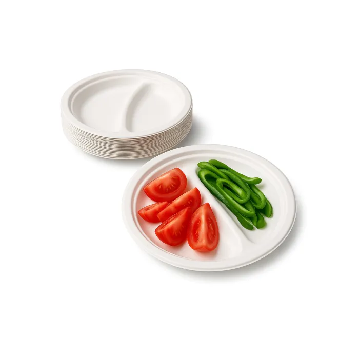 Farfurii biodegradabile cu 2 compartimente, set 50 buc. Ecologice, rezistente la alimente calde și reci. Ideale pentru catering,