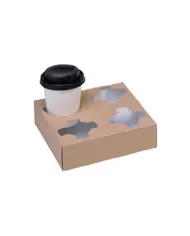 Suport carton natur pentru 4 pahare, rezistent și ecologic. Ideal pentru cafenele, livrări și catering. Set 100 bucăți.